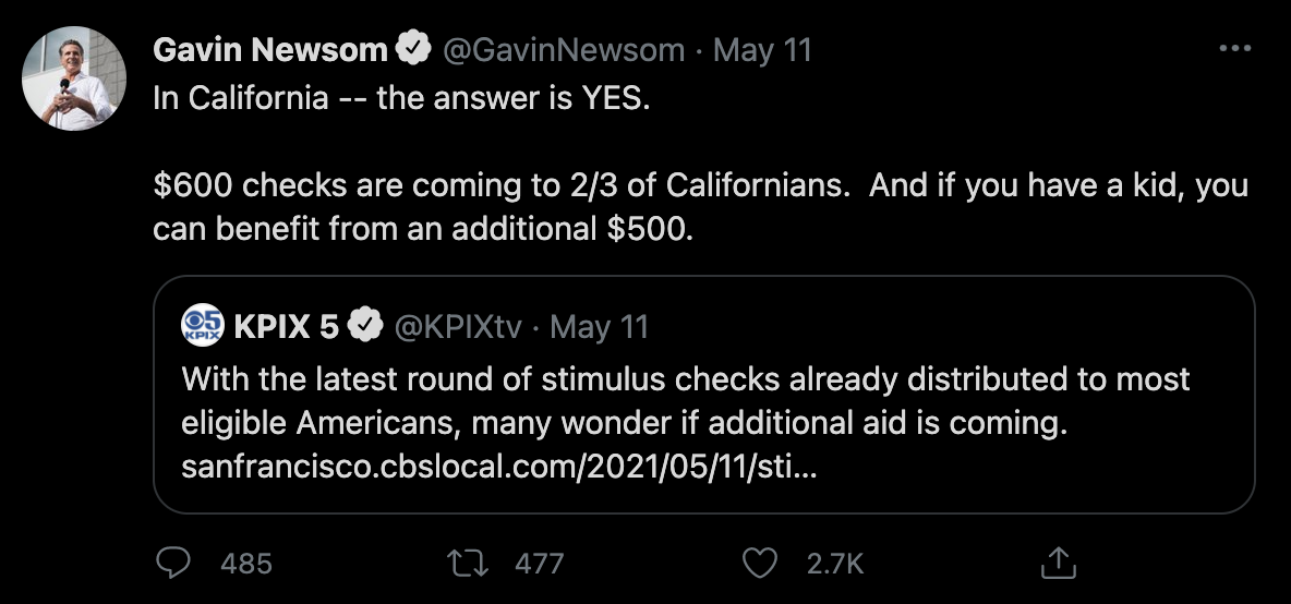 Gov Gavin Newsom Tweet