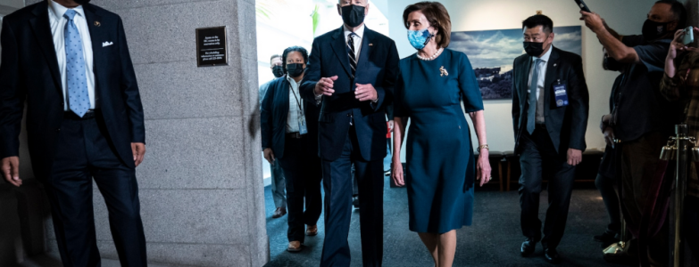 President Joe Biden and House Speaker Nancy Pelosi of California, depart after a meeting with House Democrats on Capitol Hill on Thursday. (Jabin Botsford/Washington Post